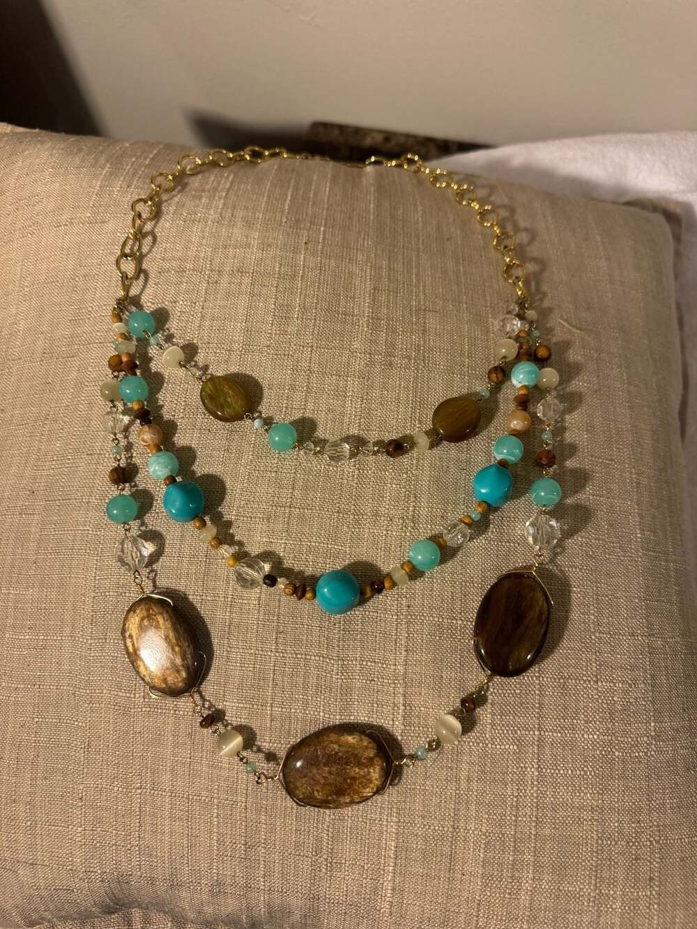 Three-Strand Layered Necklace with Faux Turquoise, Brown Stone and Crystal Beads